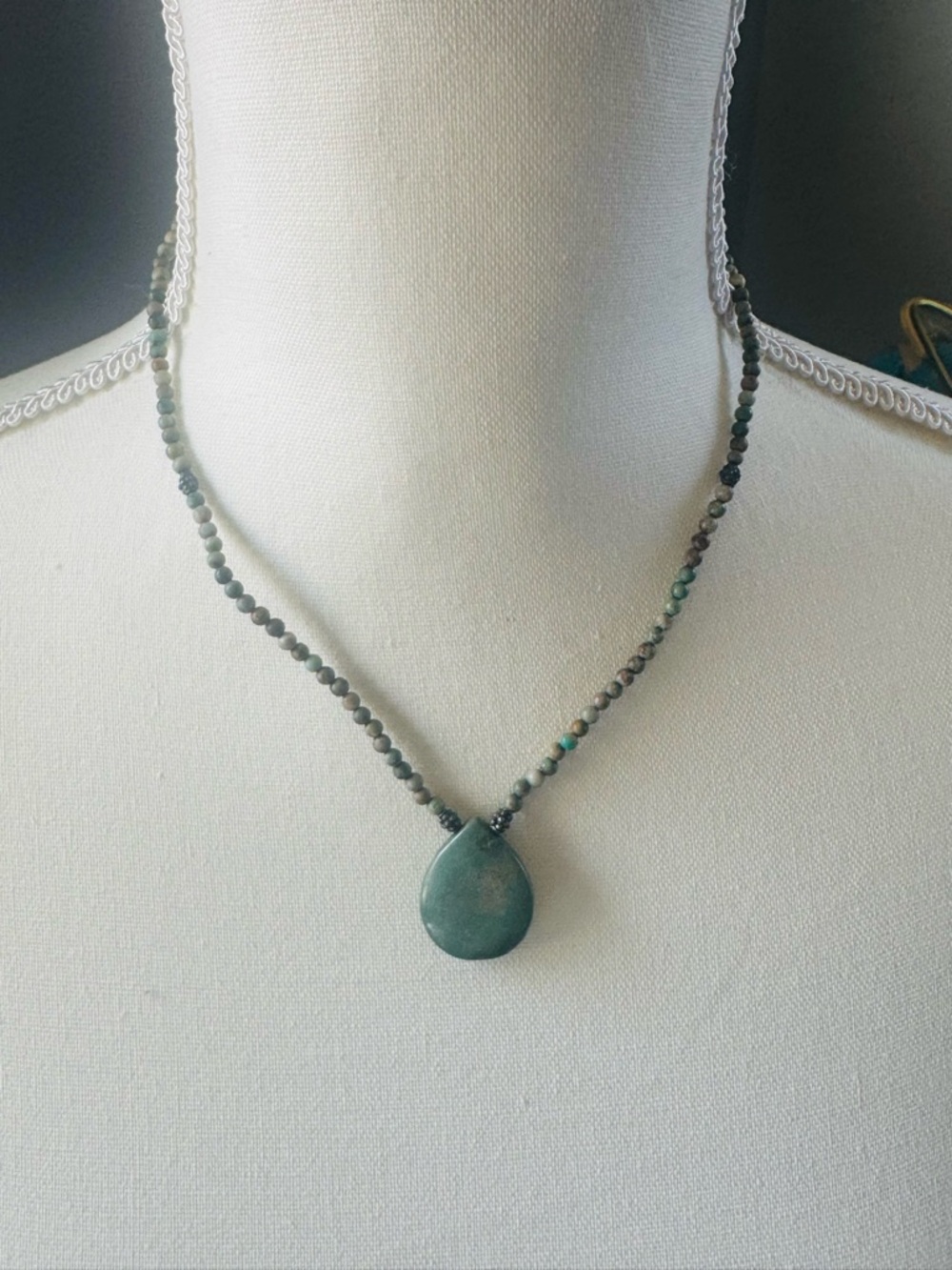 Bohemian Green Beaded Teardrop Pendant Necklace Hand Crafted